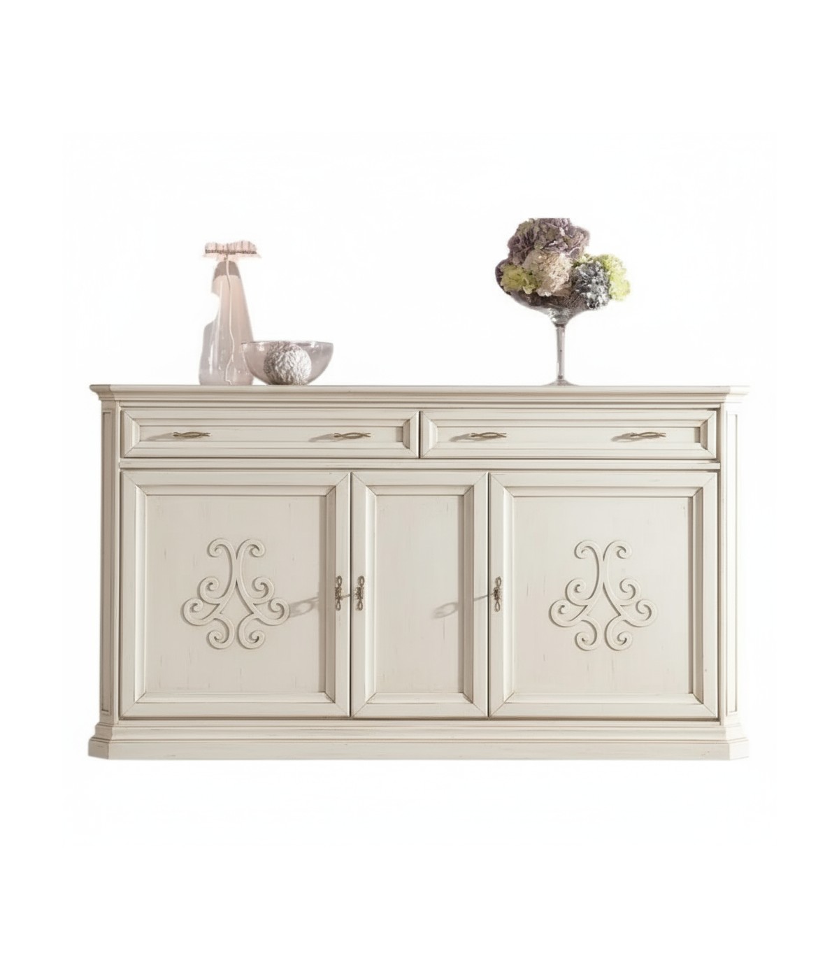 Credenza classica 3 porte 2 cassetti legno bianco anticato rilievo 196X50X110