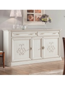 Credenza classica 3 porte 2 cassetti legno bianco anticato rilievo 196X50X110