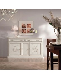 Credenza classica 3 porte 2 cassetti legno bianco anticato rilievo 196X50X110