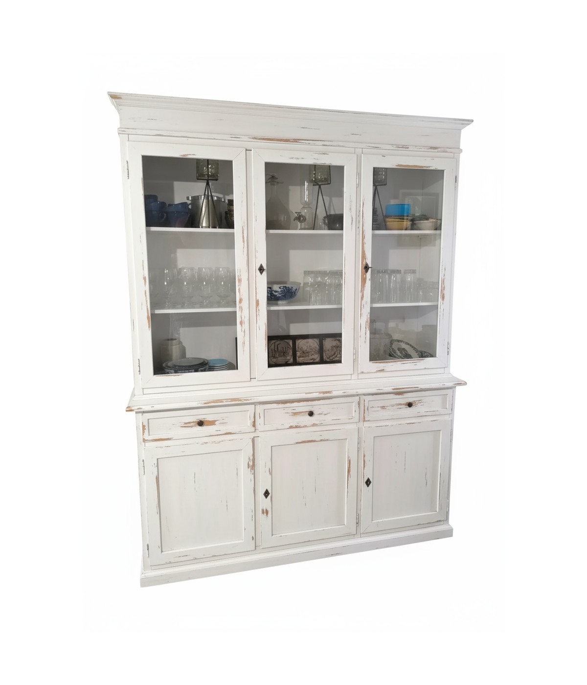 Cristalliera 3 porte legno shabby bianco consumato 156X42X205
