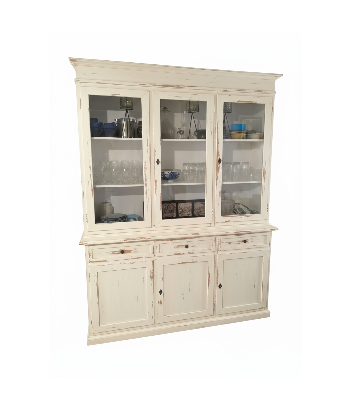 Cristalliera 3 porte legno shabby avorio consumato 156X42X205