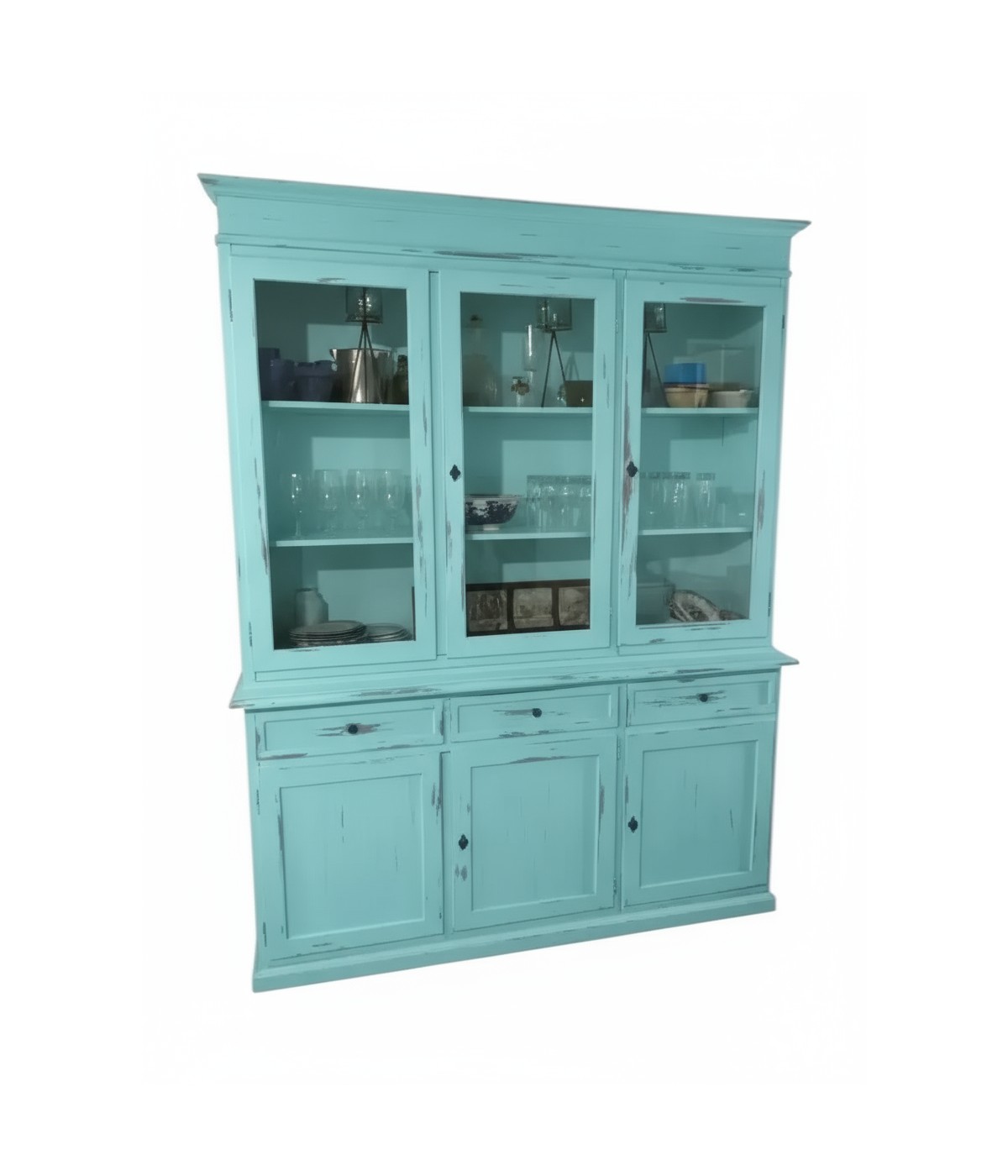Cristalliera 3 porte legno shabby azzurro consumato 156X42X205