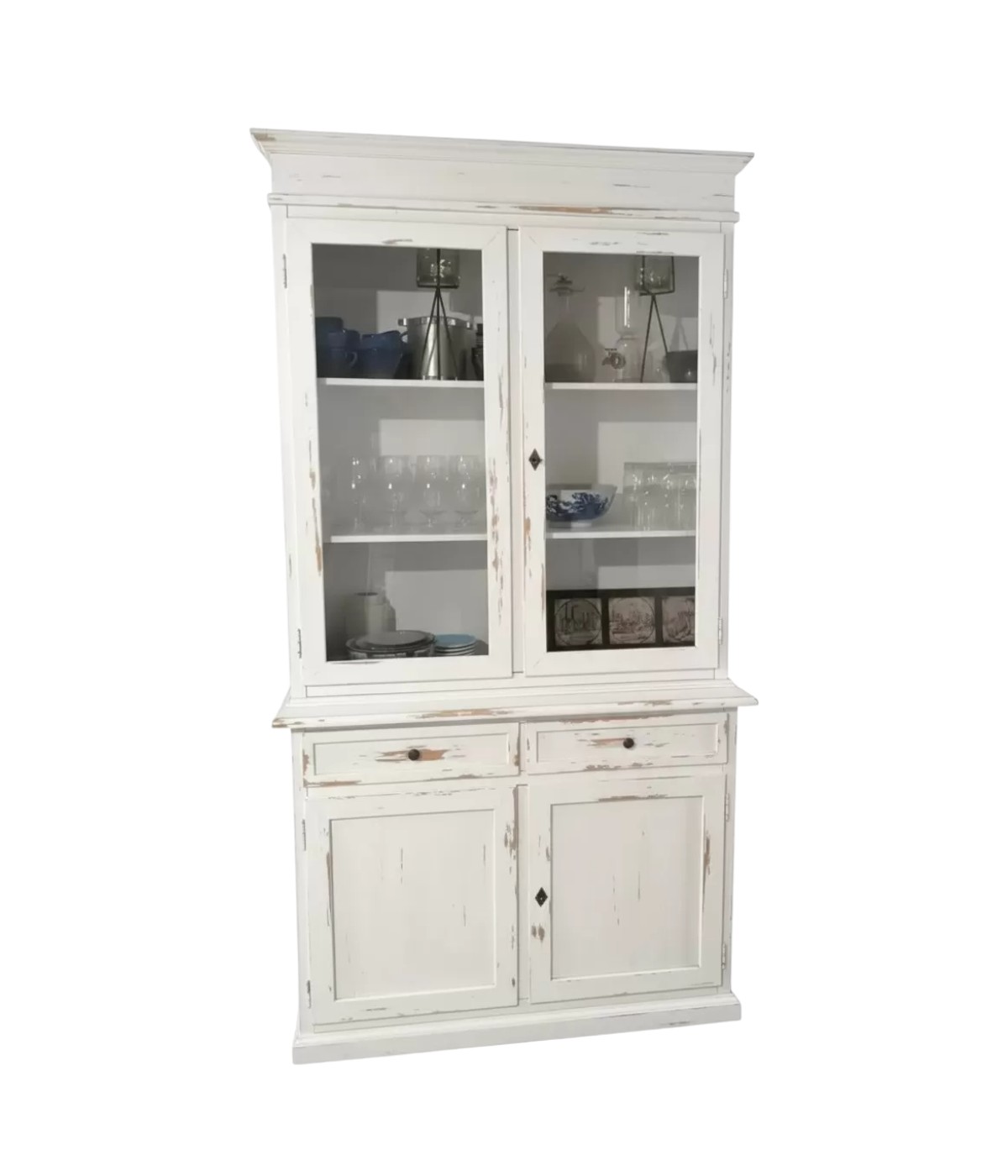Cristalliera 2 porte 2 cassetti arte povera legno bianco consumato 105x42x206