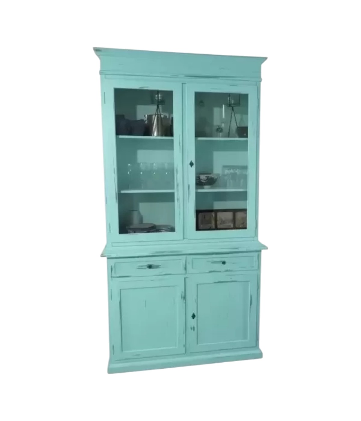 Cristalliera 2 porte 2 cassetti arte povera legno azzurro consumato 105x42x206