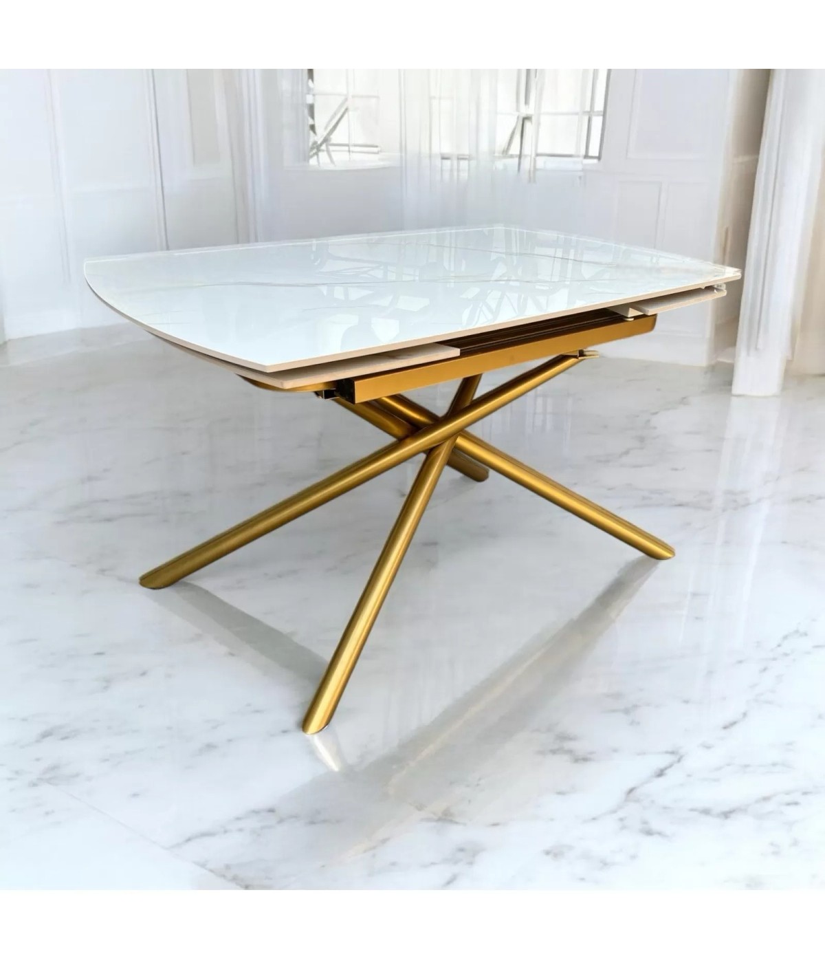 Tavolo moderno allungabile piano ceramica effetto marmo gambe oro 130x90x78