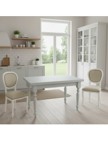 Set tavolo bianco gamba tornita 100x70 120x80 140x80 160x85 allungabile con 4/6 sedie ecopelle