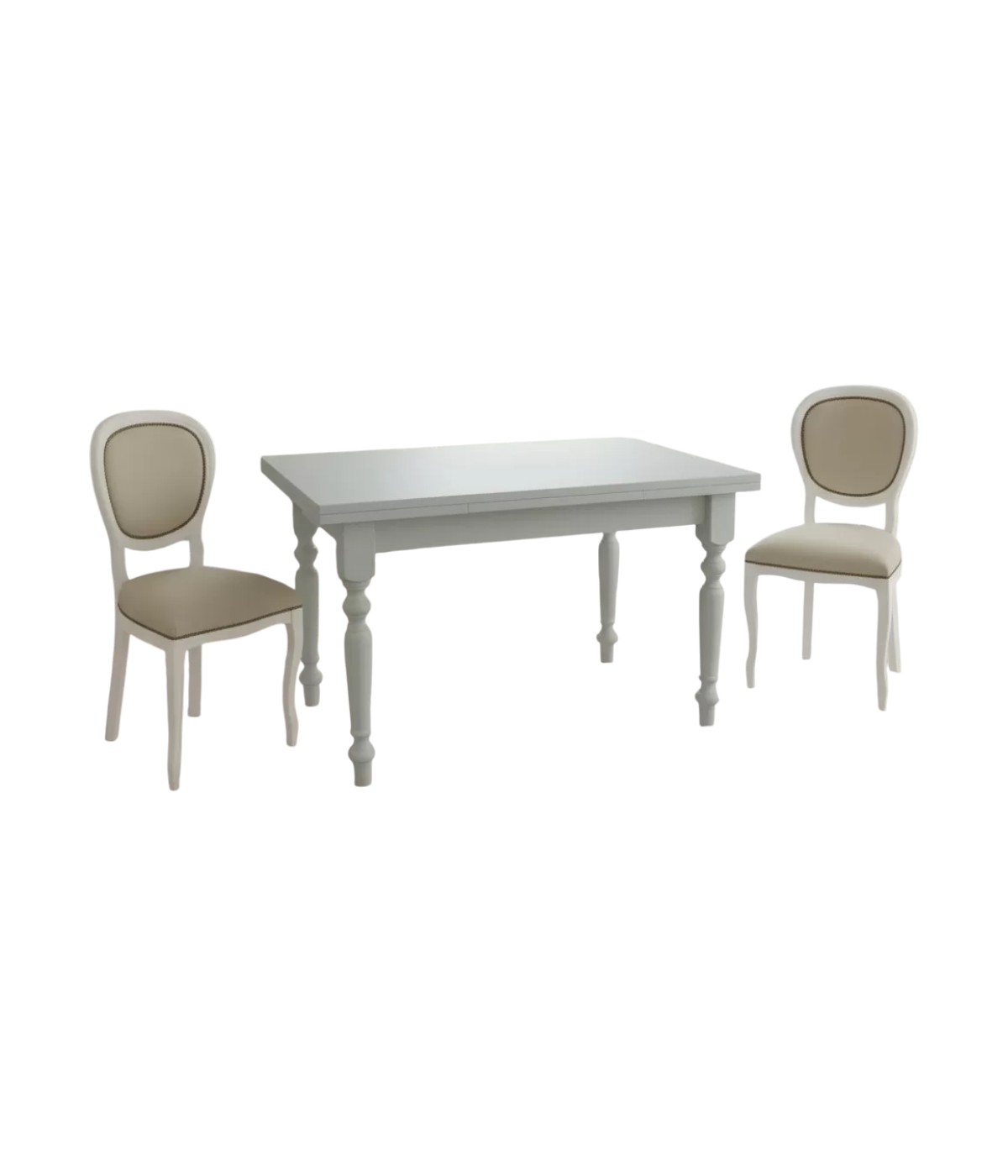 Set tavolo bianco gamba tornita 100x70 120x80 140x80 160x85 allungabile con 4/6 sedie ecopelle