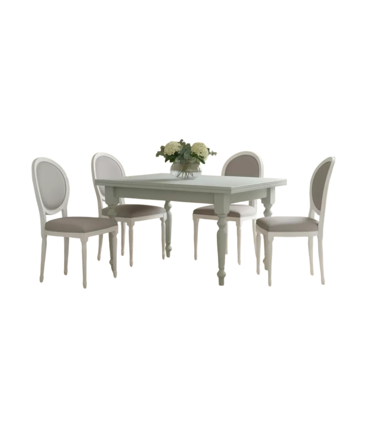 Set tavolo bianco gamba tornita 100x70 120x80 140x80 160x85 allungabile con 4/6 sedie ecopelle