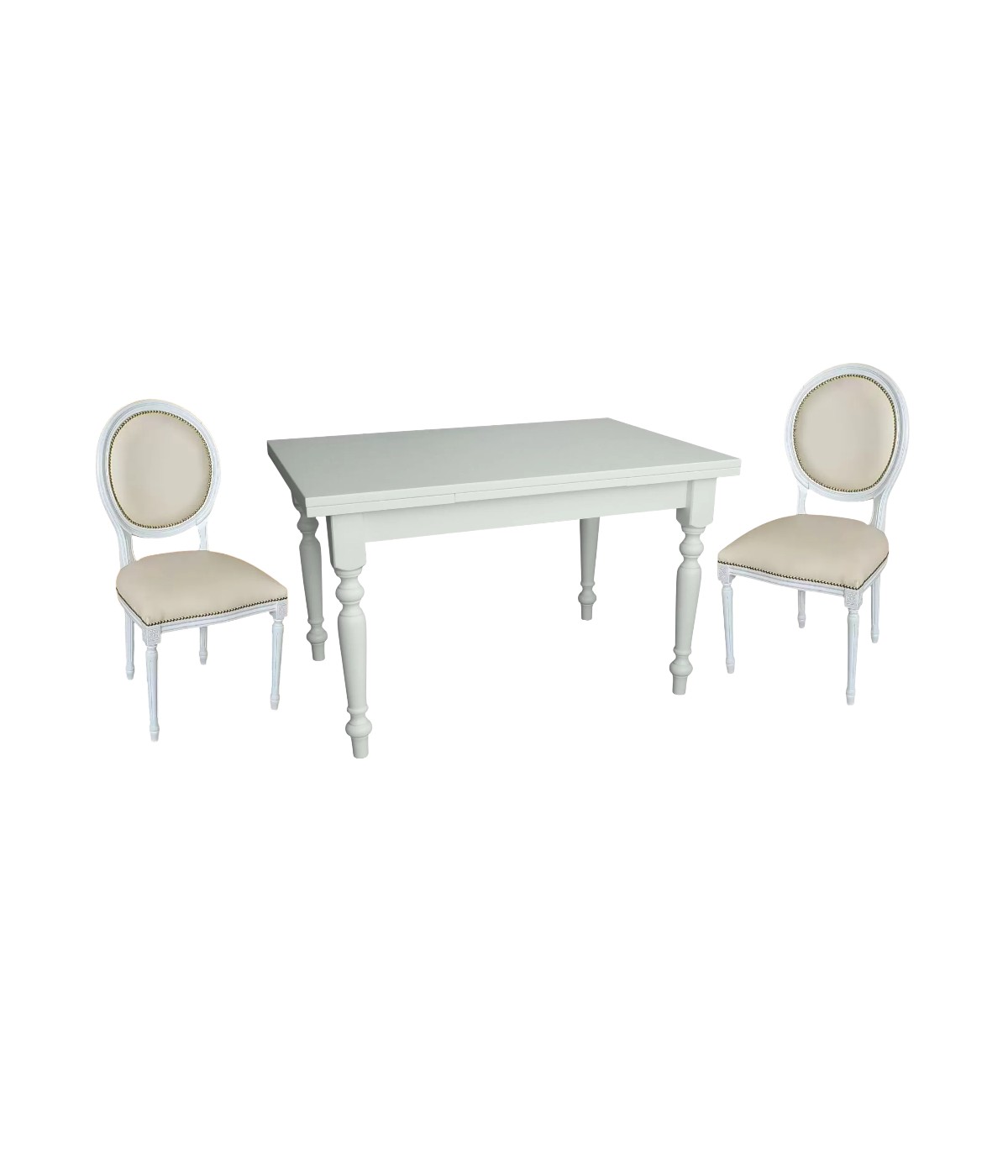 Set tavolo bianco gamba tornita 100x70 120x80 140x80 160x85 allungabile con 4/6 sedie ecopelle