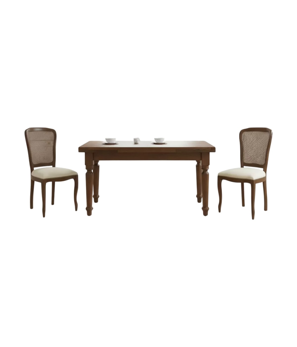 Set tavolo noce gamba tornita 100x70 120x80 140x80 160x85 allungabile con 4/6 sedie ecopelle