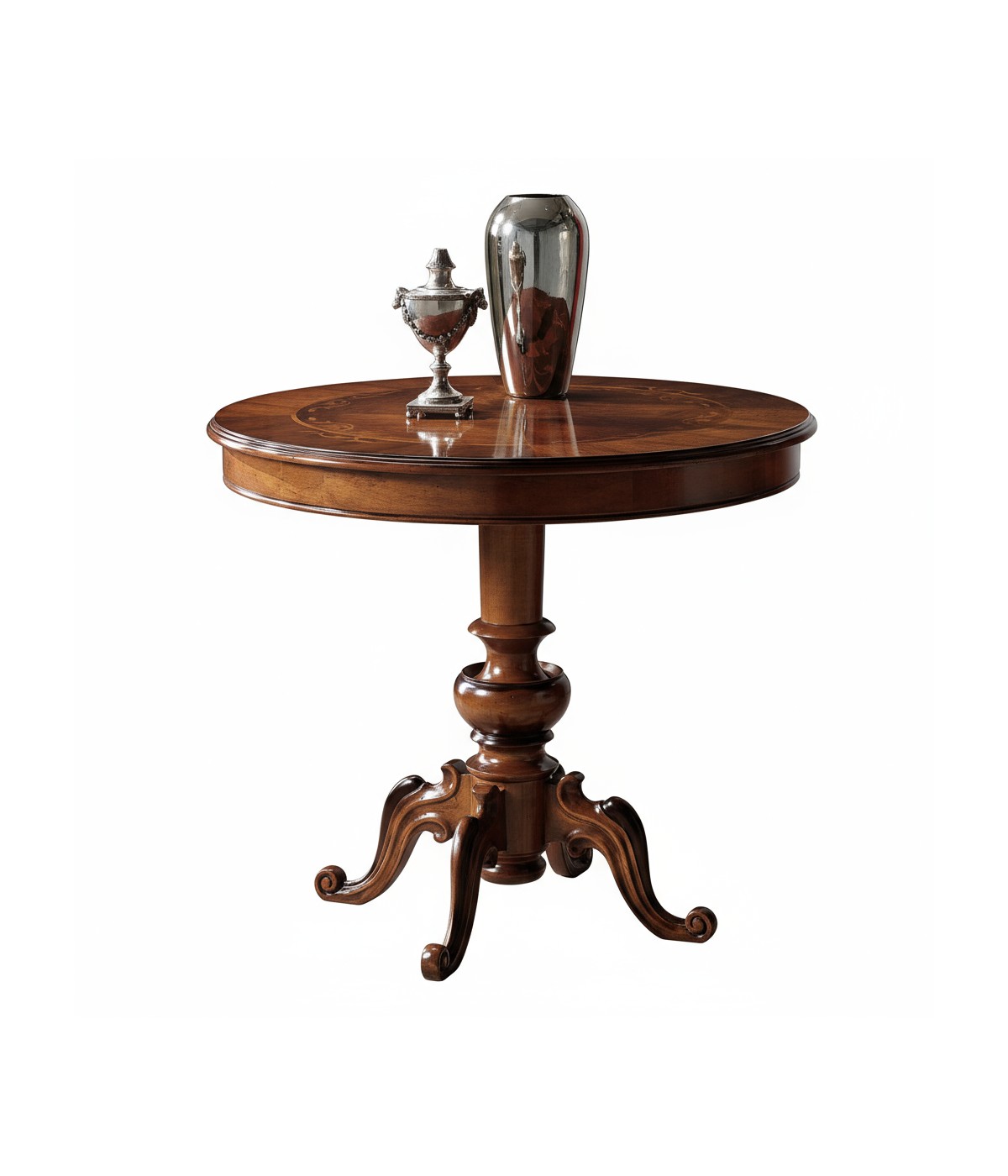 Tavolino rotondo classico intarsiato legno massello bassano 90X90x77