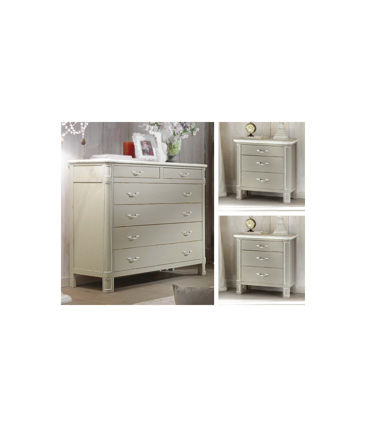 Gruppo cassettiera e due comodini legno shabby provenzale bicolore