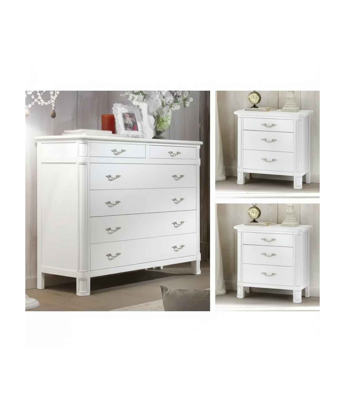 Gruppo cassettiera e due comodini legno shabby provenzale bianco