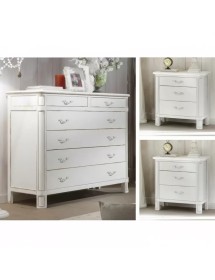 Gruppo cassettiera e due comodini legno shabby bianco consumato