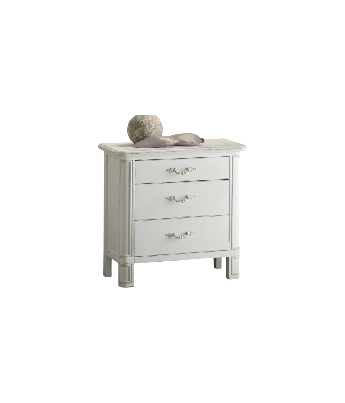 COMODINO IN LEGNO 3 CASSETTI SHABBY BIANCO CONSUMATO 59X42X61