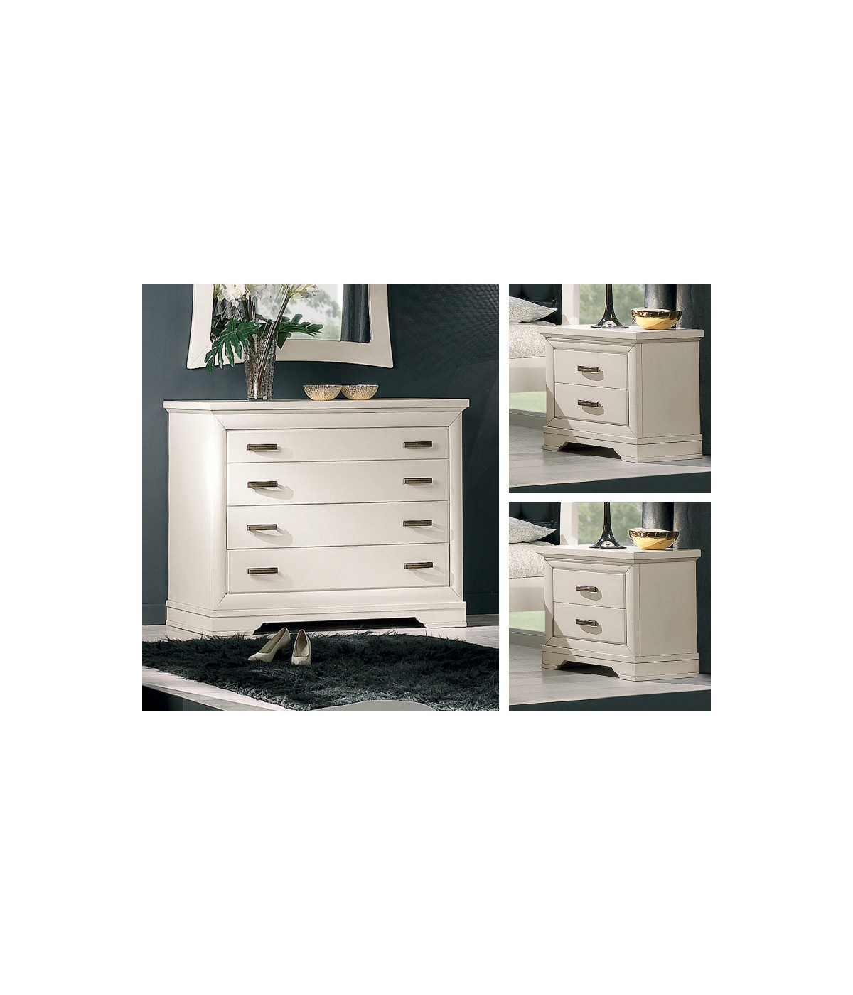 Gruppo 1 Cassettiera 2 Comodini shabby legno bianco