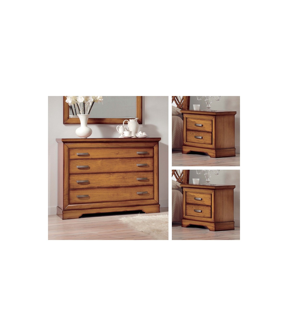 Gruppo cassettiera e due comodini legno classico tinta noce bassano