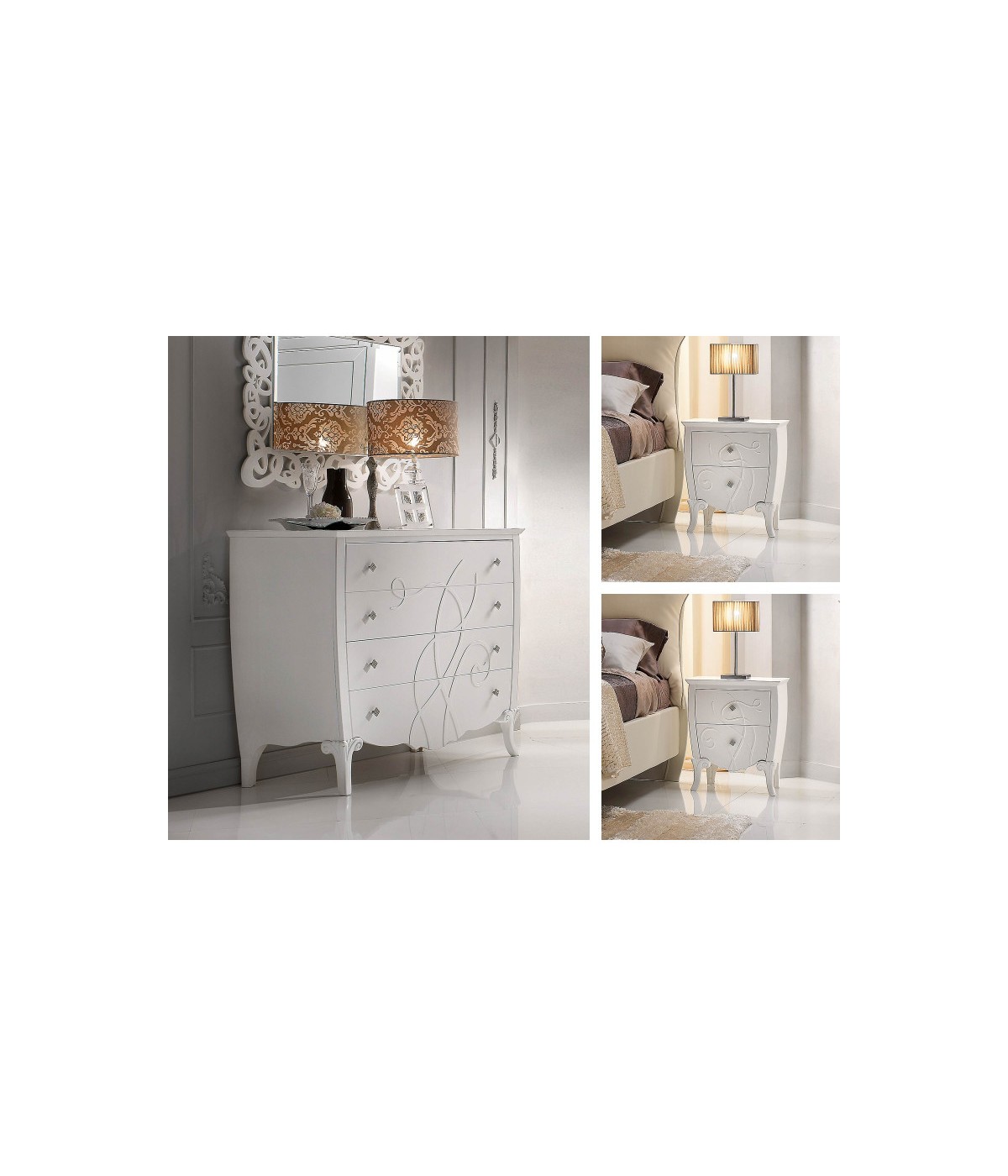 Gruppo 1 Cassettiera 2 Comodini shabby legno bianco con decori