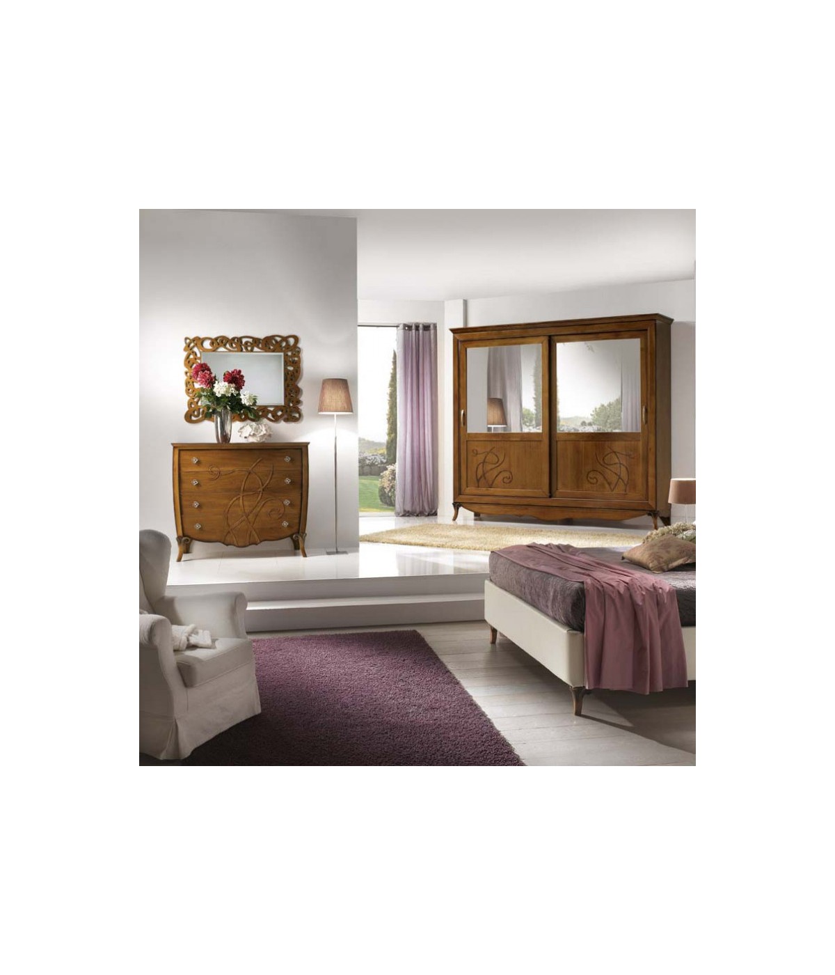 Camera completa classica legno noce bassano con rilievi