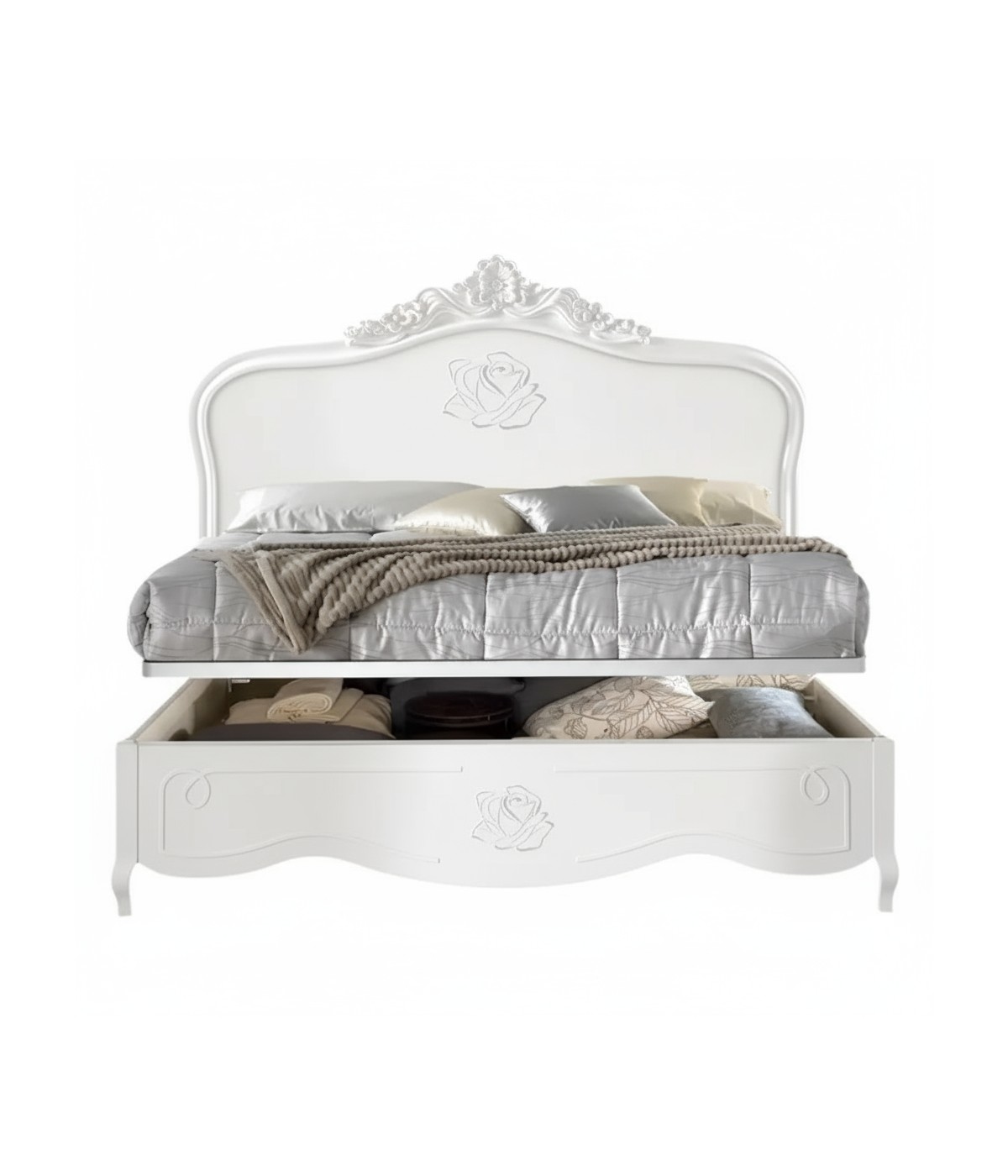 Letto matrimoniale barocco con contenitore decoro rosa 182x212x156 (2134)