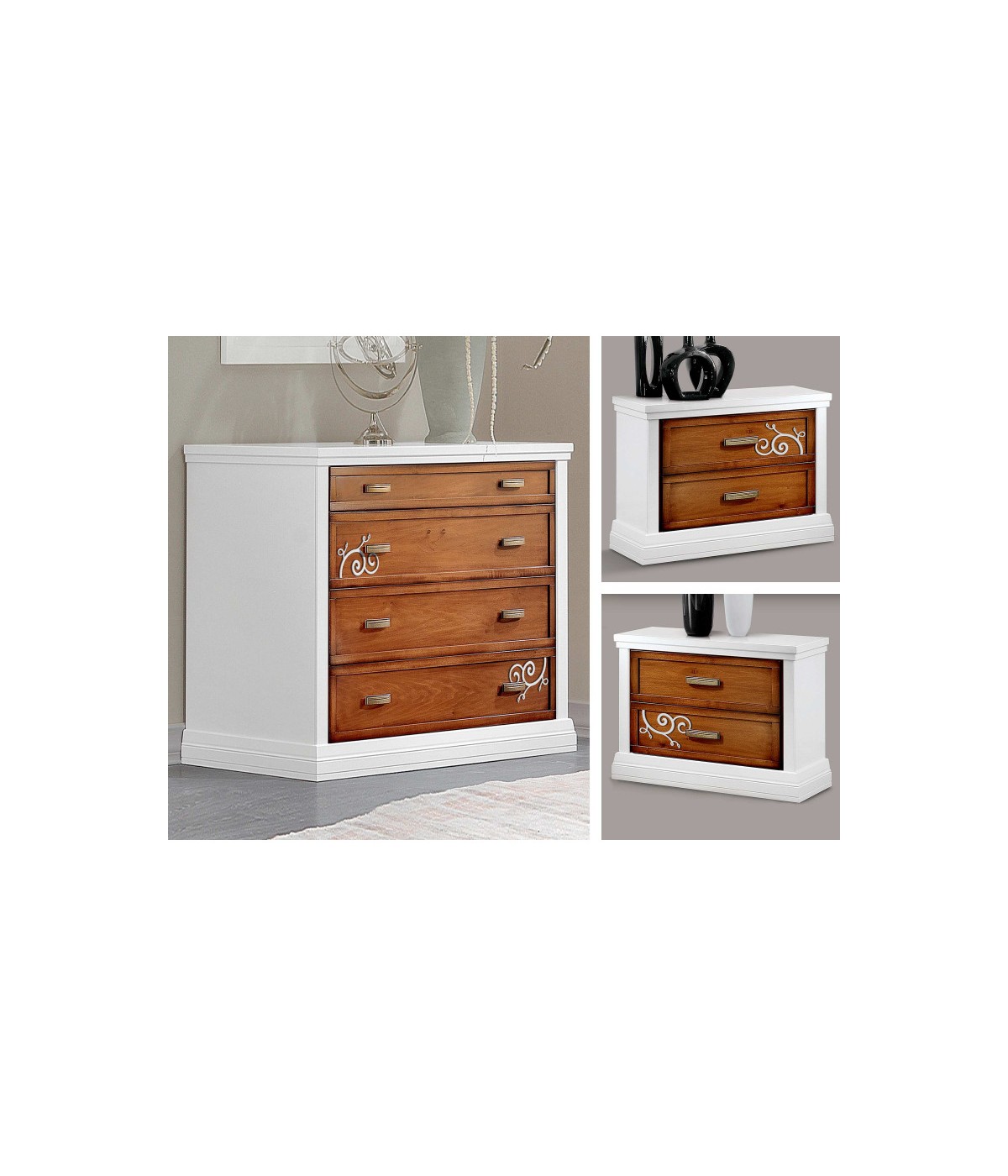 Gruppo 1 Cassettiera 2 Comodini shabby bicolore decorato