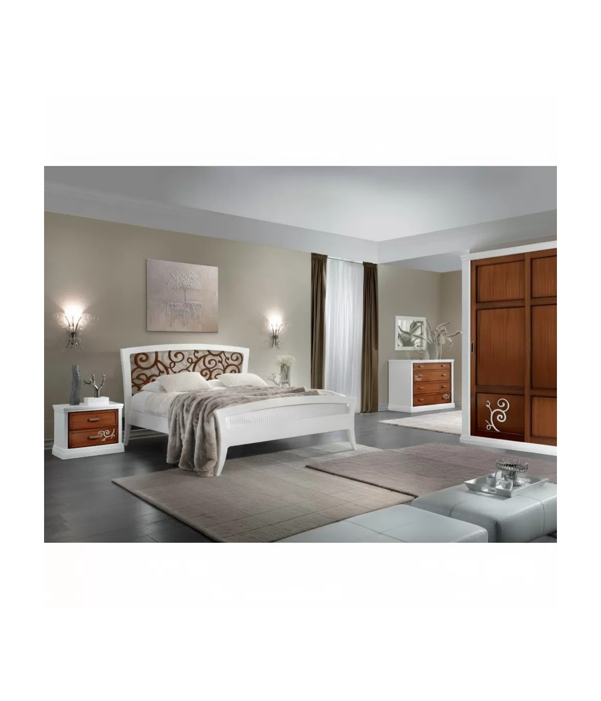 Camera completa legno shabby bicolore con decorazioni rilievo