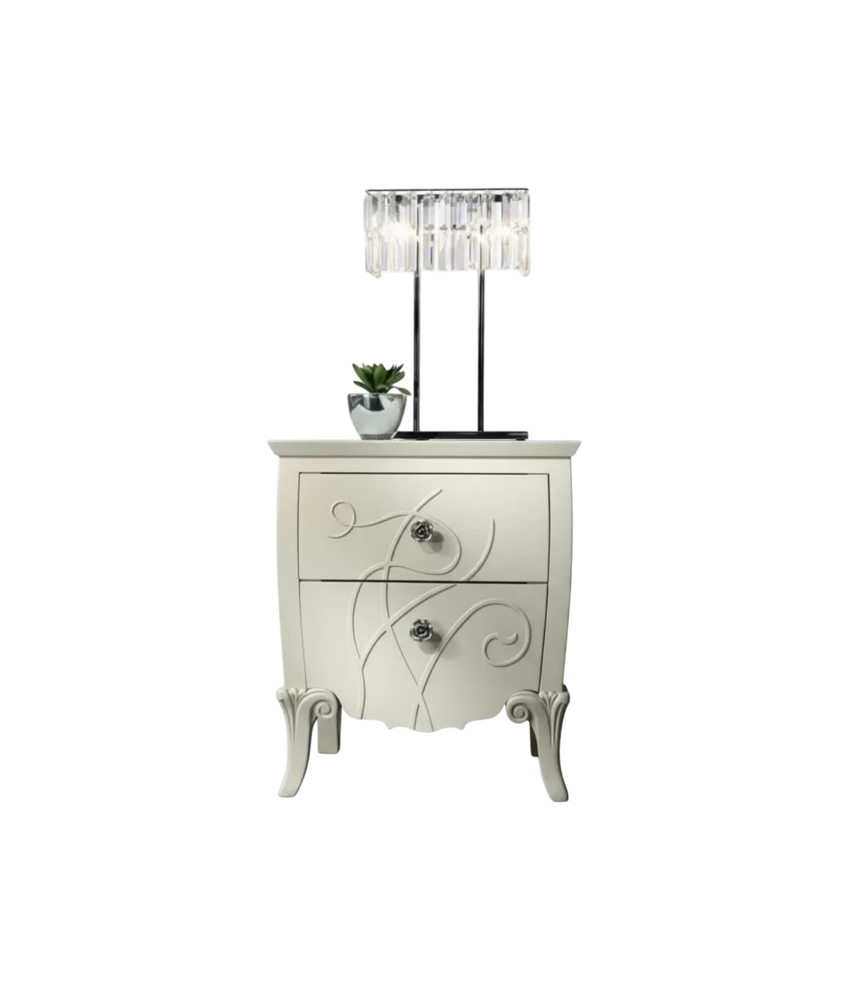 Comodino 2 cassetti shabby legno bianco decori 56x40x64