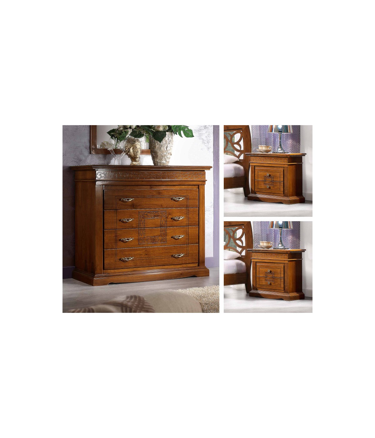 Gruppo 1 Cassettiera 2 Comodini intagliati legno noce bassano