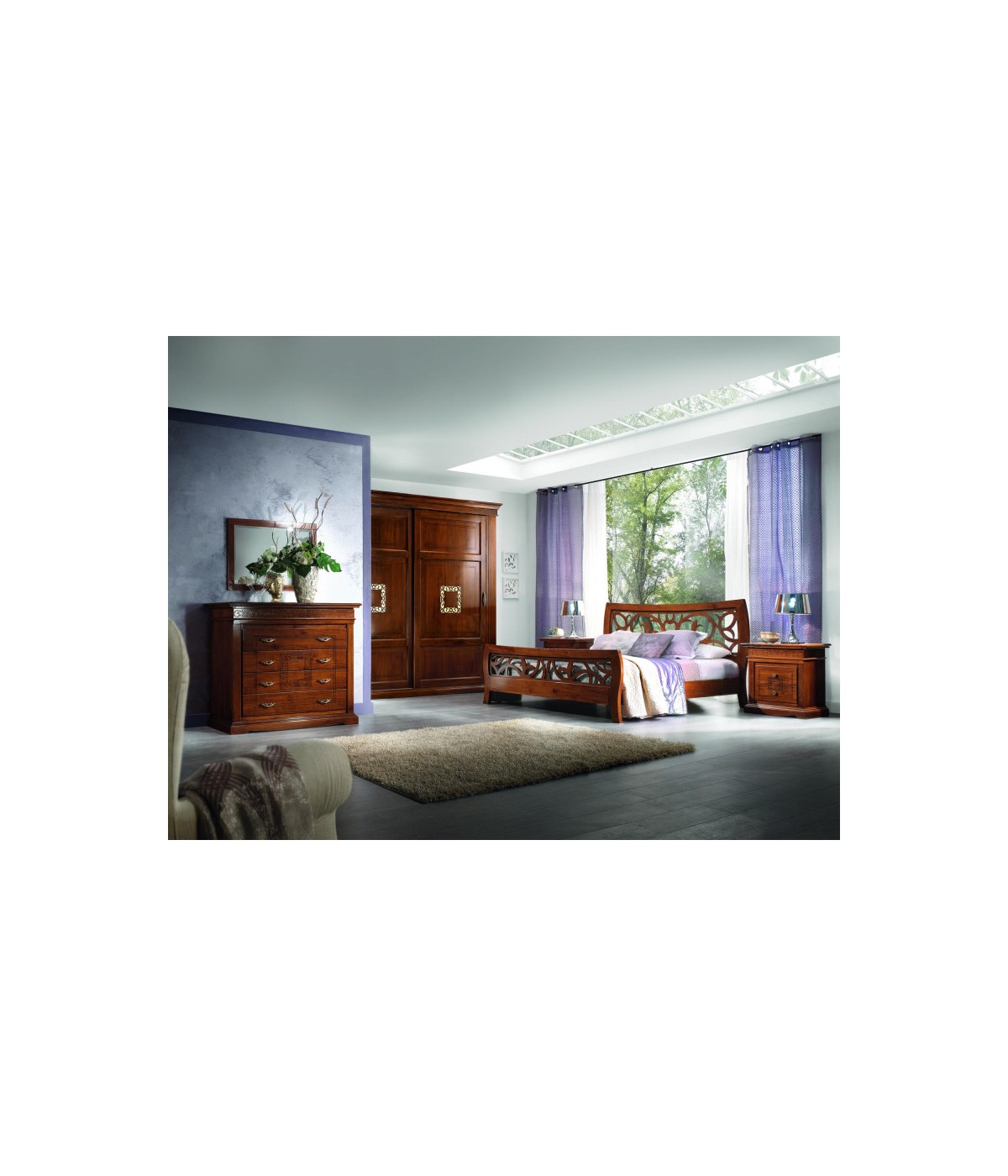 Camera completa classica legno intagliata tinta noce bassano