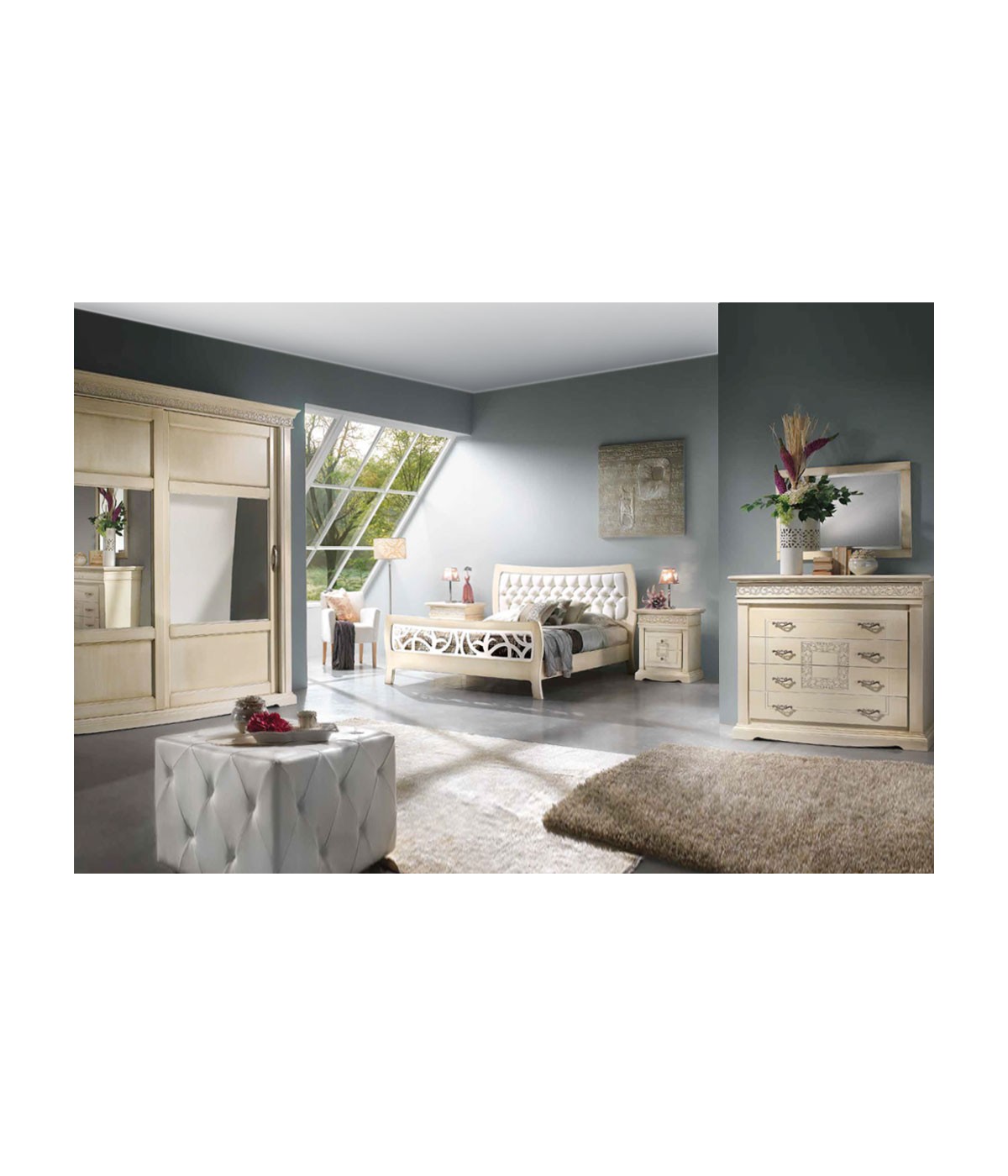 Camera completa shabby legno intagliata avorio patinato