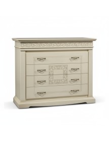 Cassettiera 4 cassetti intagliata legno shabby avorio patinato 127x58x109