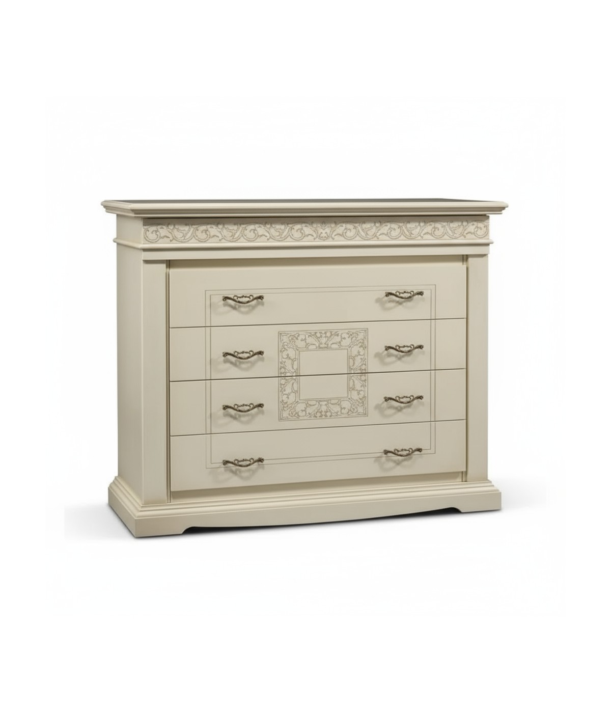 Cassettiera 4 cassetti intagliata legno shabby avorio patinato 127x58x109