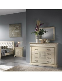 Comodino 2 cassetti intagliato shabby legno avorio patinato 63x44x70