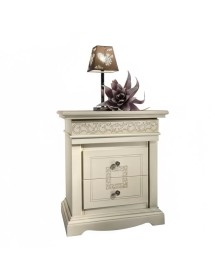 Comodino 2 cassetti intagliato shabby legno avorio patinato 63x44x70