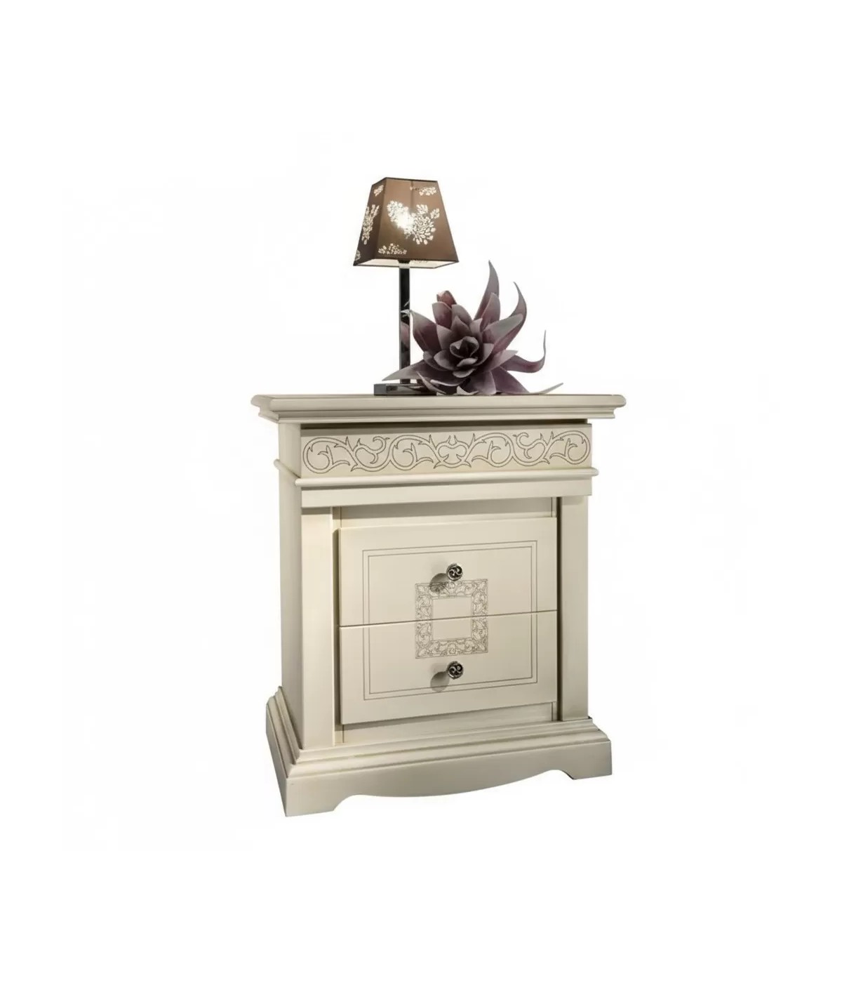 Comodino 2 cassetti intagliato shabby legno avorio patinato 63x44x70