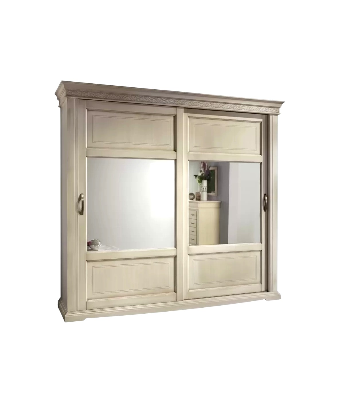Armadio 2 porte scorrevoli legno intaglio shabby avorio patinato 274x68x246