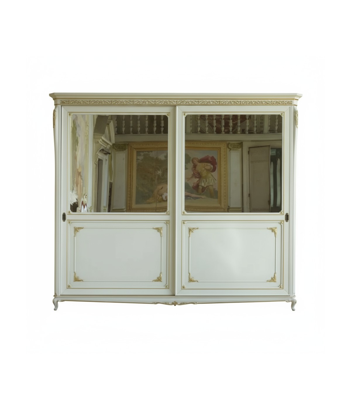 MOBILI 2G - Armadio classico 2 porte scorrevoli Legno bianco argento oro 290x68x254 vista frontale