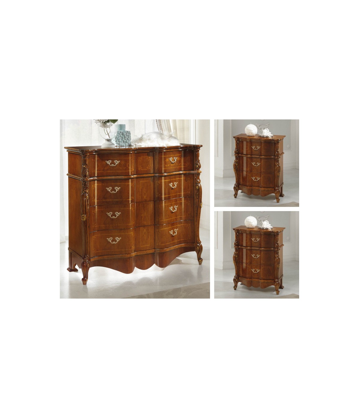 Gruppo 1 Cassettiera 2 Comodini sagomati legno noce bassano