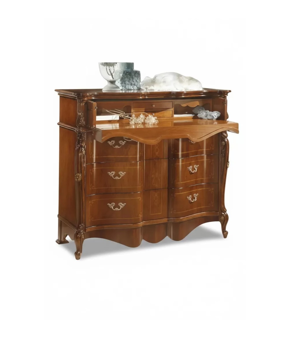 Cassettiera classica 3 cassetti sagomata legno noce bassano 135x60x120