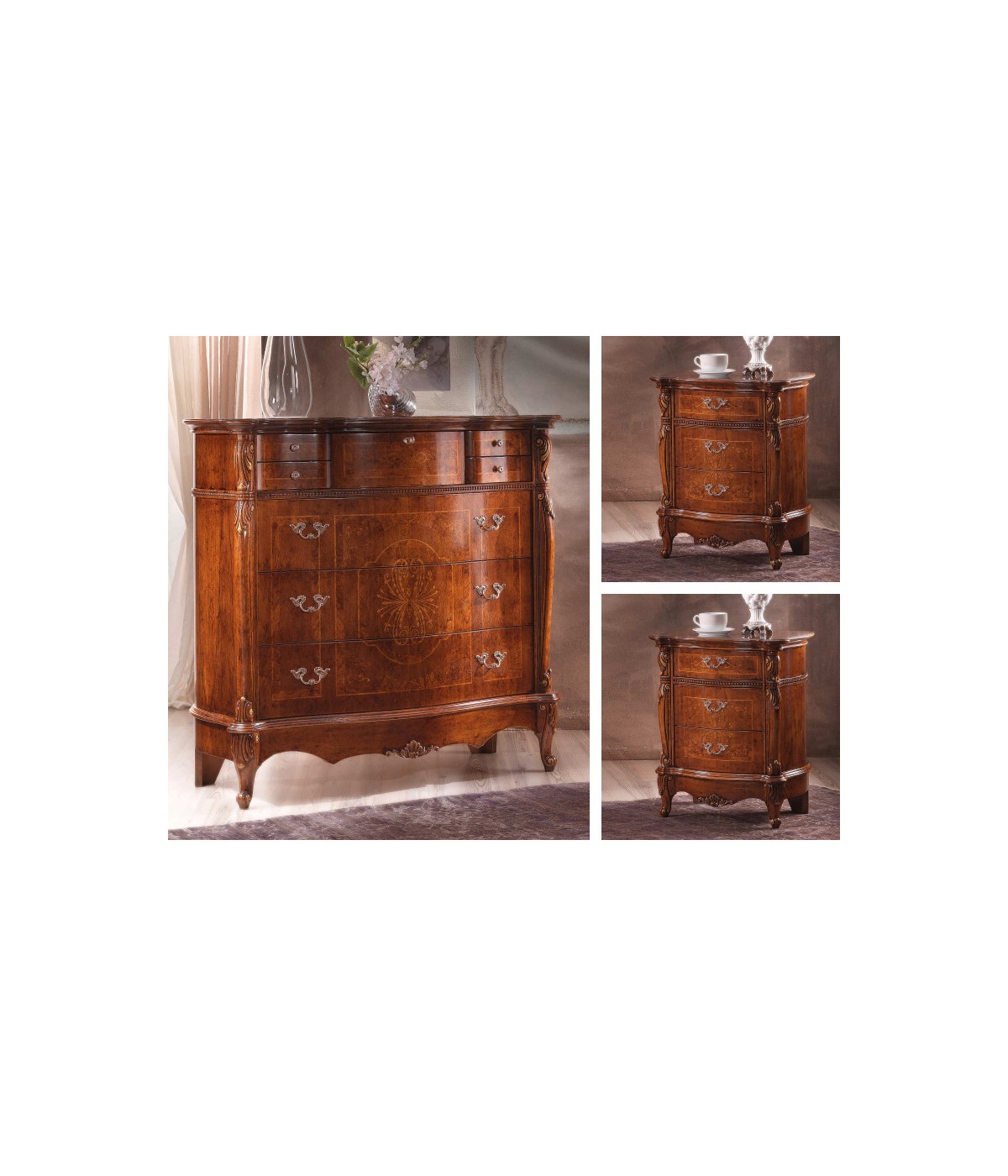 Gruppo 1 Cassettiera 2 Comodini sagomati legno noce bassano