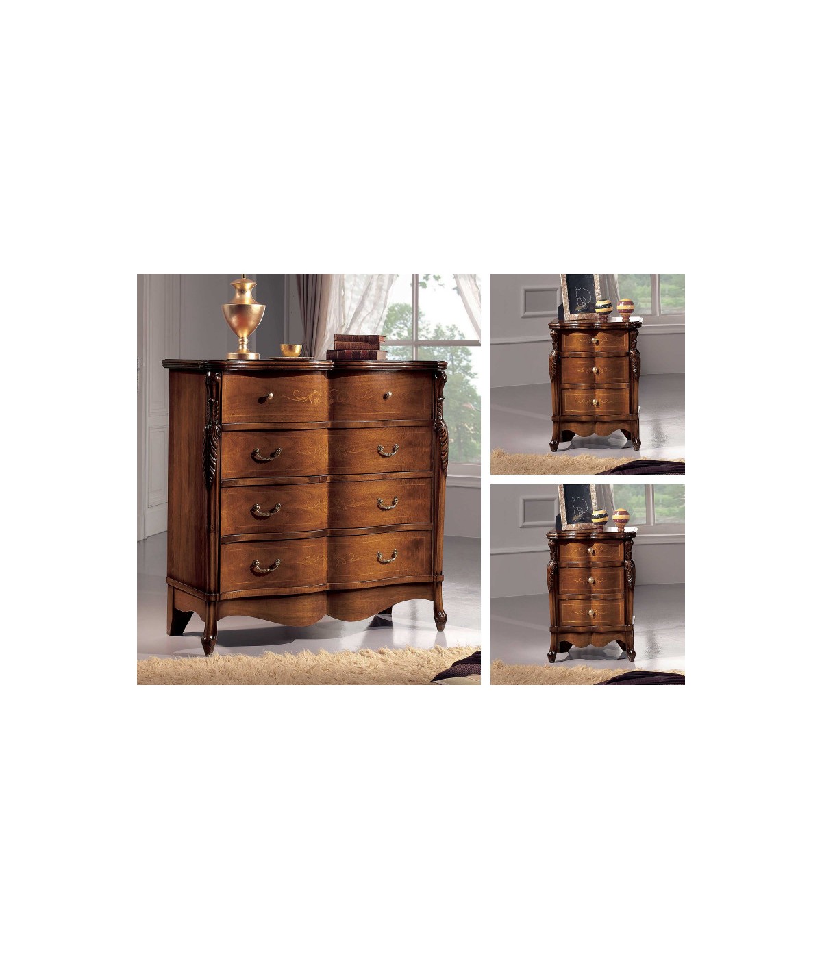 Gruppo 1 Cassettiera 2 Comodini sagomati legno noce bassano