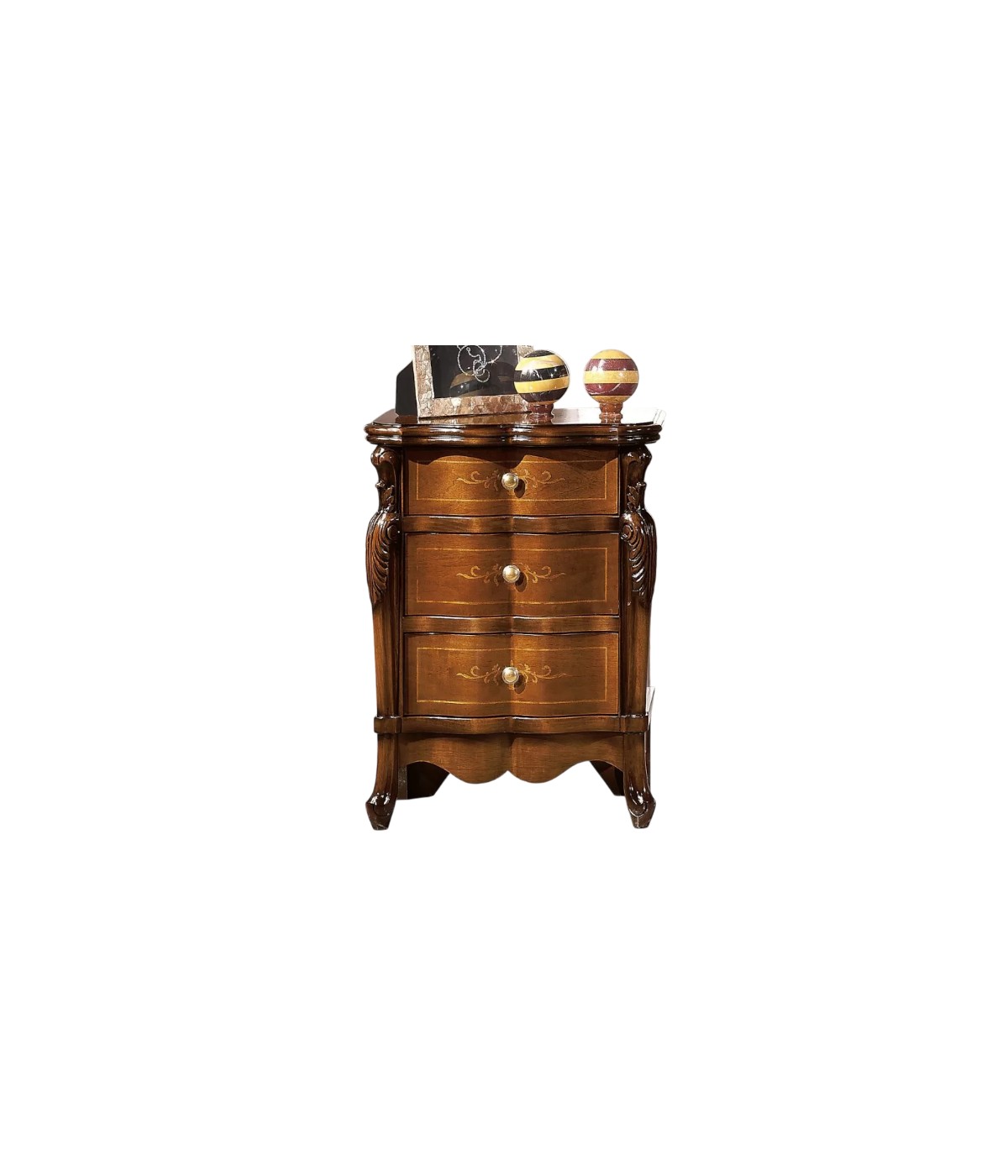 Comodino classico 3 cassetti sagomato legno noce bassano 53x36x72