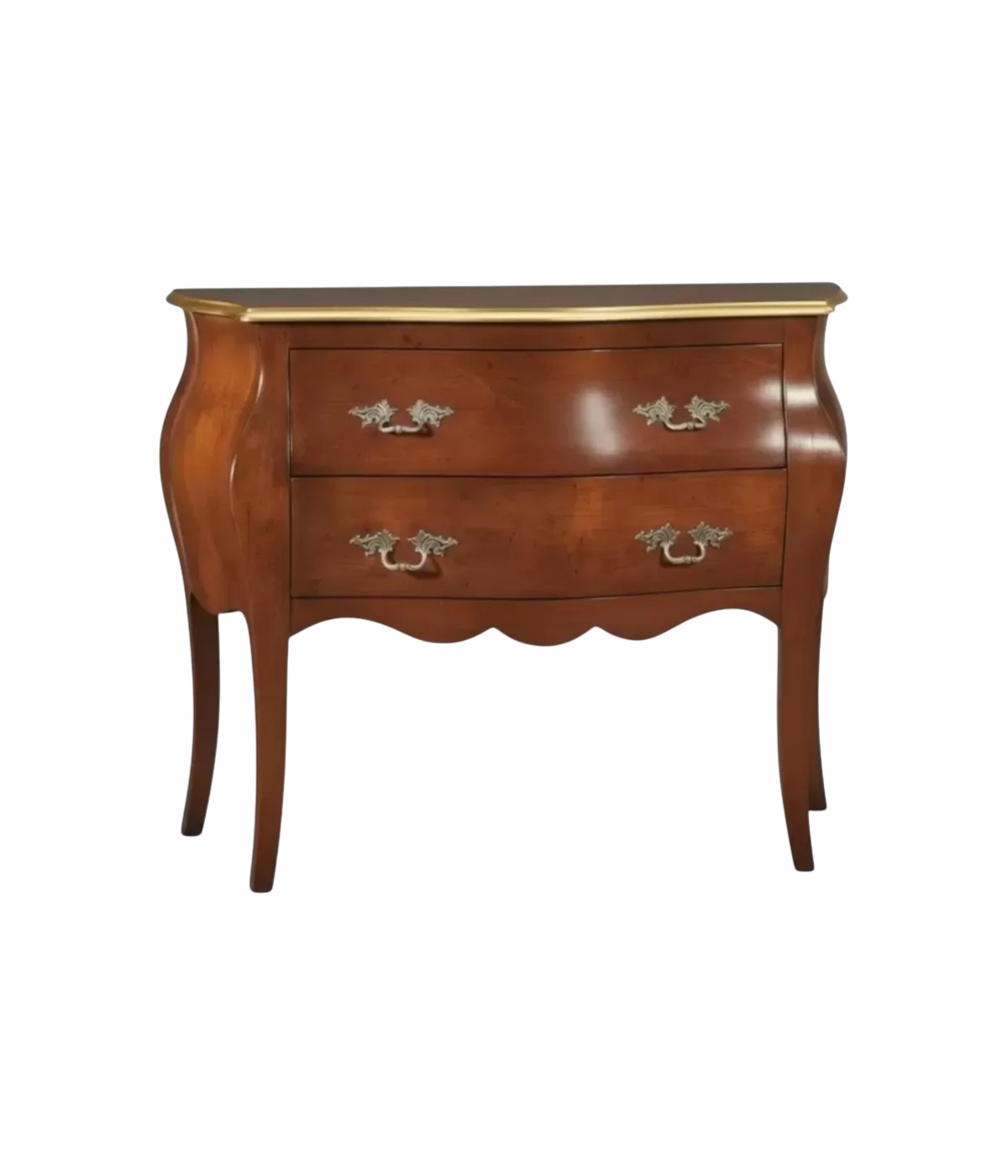 Cassettiera bombata 2 cassetti legno tinta noce oro 105x42x85