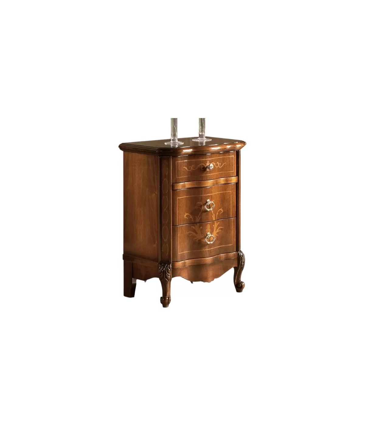 Comodino classico 3 cassetti sagomato legno noce bassano 52x38x72