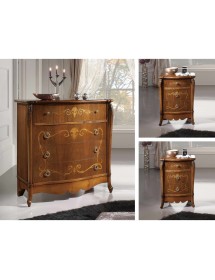 Gruppo 1 Cassettiera 2 Comodini intarsi sagomati legno noce bassano