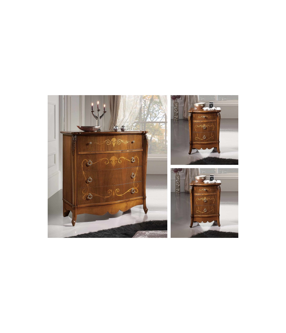 Gruppo 1 Cassettiera 2 Comodini intarsi sagomati legno noce bassano