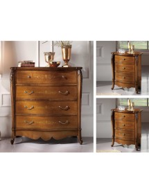 Gruppo 1 Cassettiera 2 Comodini intarsi sagomati legno noce bassano