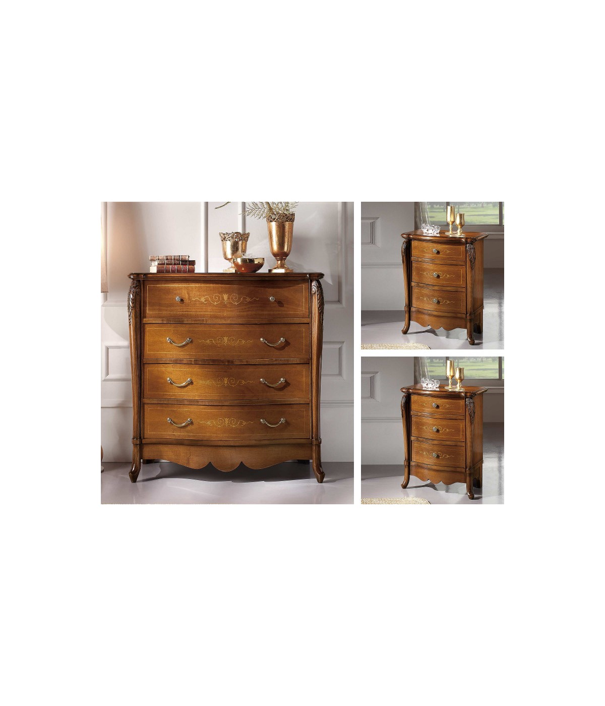 Gruppo 1 Cassettiera 2 Comodini intarsi sagomati legno noce bassano