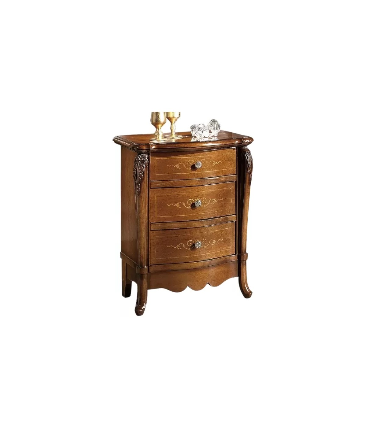Comodino classico 3 cassetti sagomato legno noce bassano 54x41x72