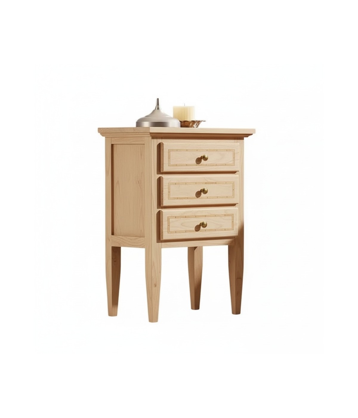 COMODINO LEGNO GREZZO 3 CASSETTI INTARSIATO 43x33X70
